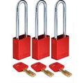 Brady Brady® ALU-RED-76ST-KA3PK Brady SafeKey Lockout Padlock Aluminum 3" Steel Shackle Keyed Alike ALU-RED-76ST-KA3PK